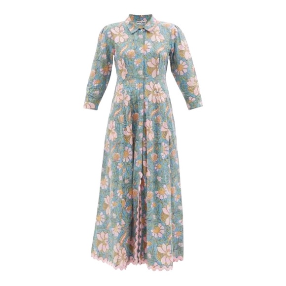 Juliet Dunn Rickrack-Embellished Floral Print Maxi Dress in Denim Blue/P…
